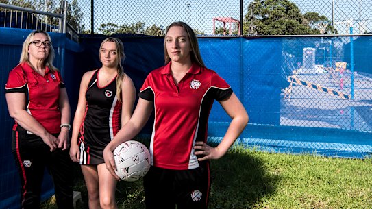 Leichhardt Wanderers Netball Club secretary Jenny Baker, with her daughters Hannah and Maddie, are among residents furious new sports courts will be closed for at least six months for construction of the WestConnex motorway. 