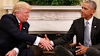 The real November 2016 meeting between Donald Trump and Barack Obama in the Oval Office, above, looks to have been digitally altered to create a fake video that the president has shared on social media. 