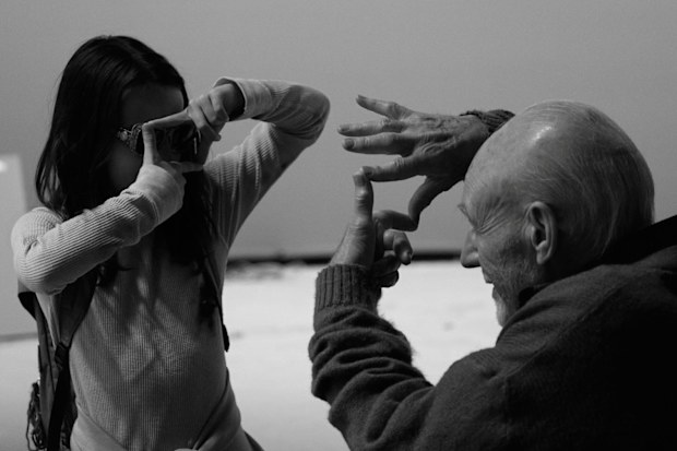 Dafne Keen and Patrick Stewart in a behind-the-scenes photo from the set of Logan in 2017.