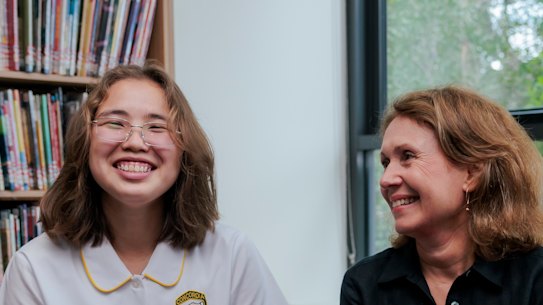 Nandinsondor “Ava” Bayarjargal, left, attended Central Sydney Intensive Language High School. Pictured with principal Arety Dassaklis.