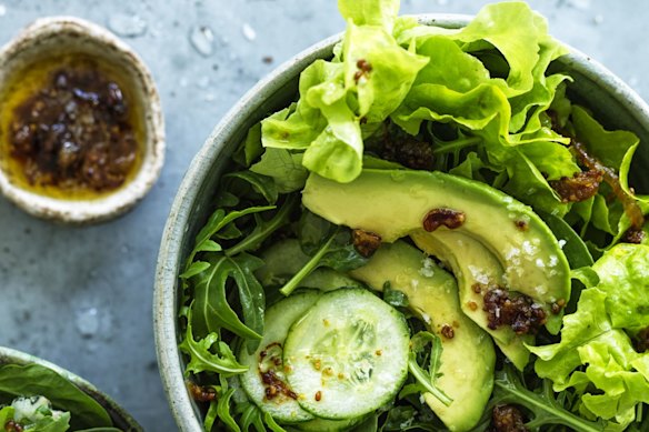 Good green salad with fried-onion vinaigrette.