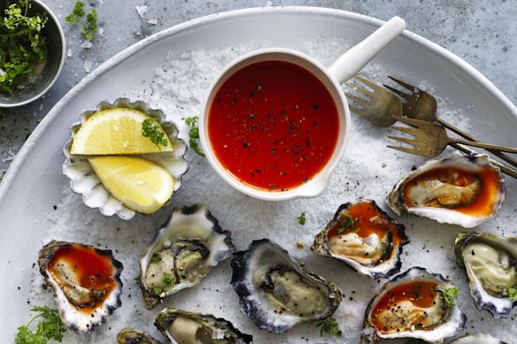 Oyster platter with homemade hot sauce.