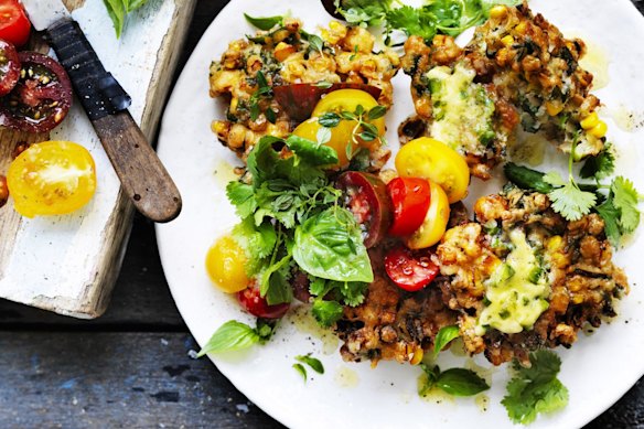 Neil Perry's corn fritters with jalapeno butter and heirloom tomato salsa recipe.