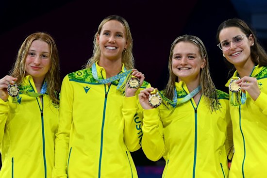 Gold medalists Kaylee McKeown, Chelsea Hodges, Emma McKeon and Mollie O’Callaghan after the  women’s 4 x 100m medley relay.