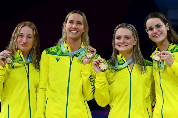 Gold medalists Kaylee McKeown, Chelsea Hodges, Emma McKeon and Mollie O’Callaghan after the  women’s 4 x 100m medley relay.