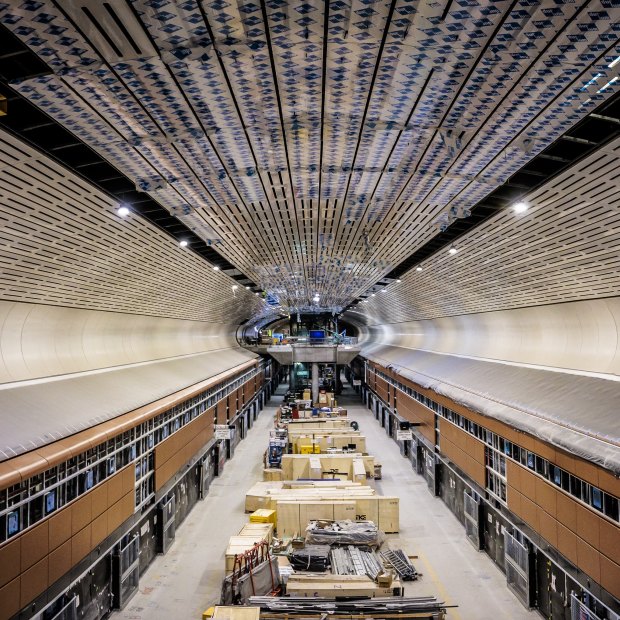 A giant underground hall for the new Victoria Cross station in North Sydney where passengers will board and alight driverless trains.