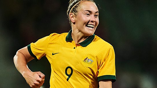 Caitlin Foord celebrates the final goal in Australia’s come-from-behind 3-1 win over Denmark.