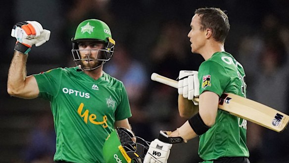 Glenn Maxwell celebrates hitting the winning runs with Nick Larkin against the Renegades.