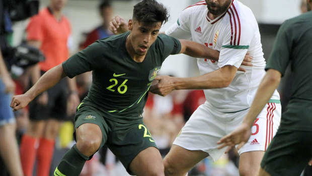 Daniel Arzani scores his first international goal in his second appearance for the Socceroos last Sunday. 