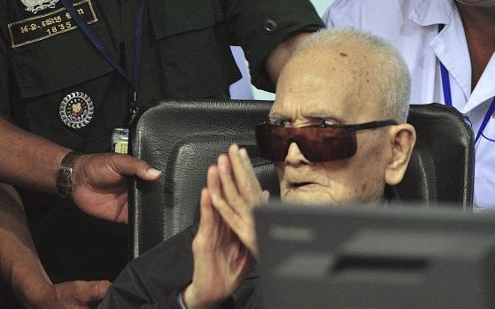 Nuon Chea, who was the Khmer Rouge's chief ideologist and No. 2 leader, sits in a court room before a hearing at the U.N.-backed war crimes tribunal in Phnom Penh, Cambodia, Friday, Nov. 16, 2018. 