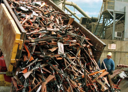 A truck unloads prohibited firearms at a scrapmetal yard in 1997 after the Port Arthur massacre a year earlier.
