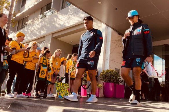 NSW Origin stars Brian To’o and Jarome Luai played second fiddle to the Matildas at Sydney’s Olympic Park on Tuesday.