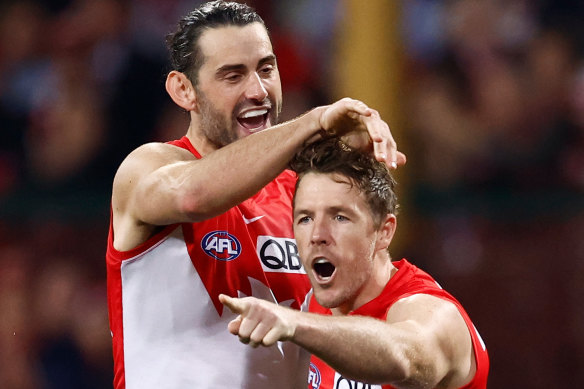 Brodie Grundy and Luke Parker during Sydney’s thrilling victory.