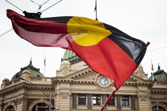 The Indigenous flag on show in the streets of Melbourne.