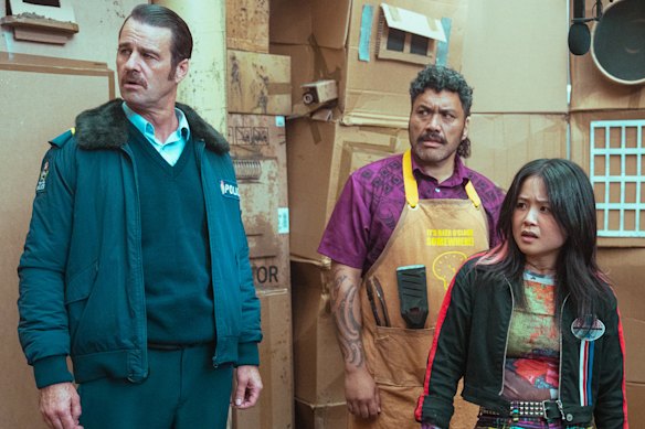 Millen Baird as Inspector Phil, Maaka Pohatu as Warren and Louise Jiang as 
Lucy in Warren’s Vortex.