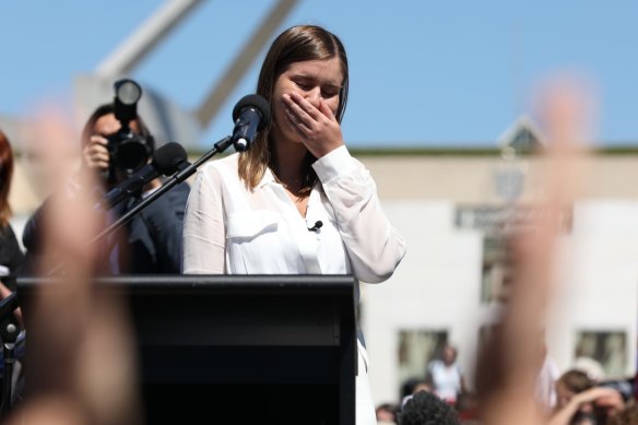 Readers praised former Liberal staffer Brittany Higgins, pictured at the March 4 Justice in Canberra, for speaking up about her experience. 
