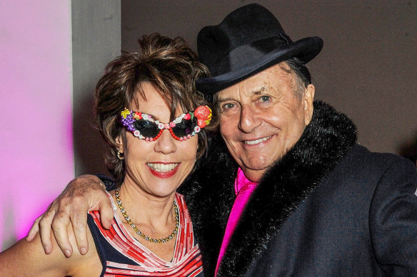 Kathy Lette and Barry Humphries at a party after the premiere of his Eat, Pray, Laugh! show in 2013 in London.