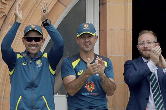 Justin Langer, Ricky Ponting and Gavin Dovey at Lord’s during the 2019 World Cup.