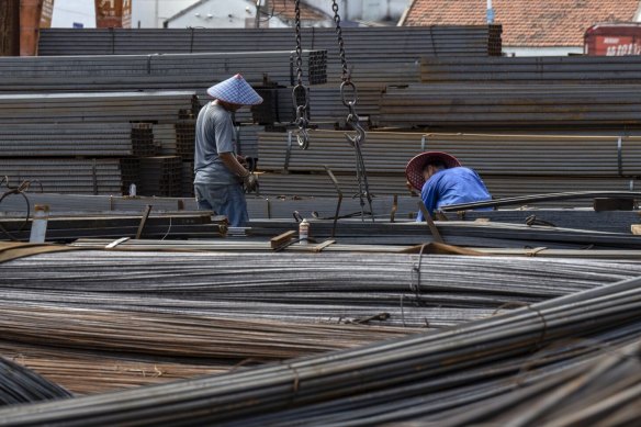 Bundles of steel rods at a trading market in the outskirts of Shanghai, China, on Monday. President Xi Jinping’s push to end reliance on property-led growth has profound implications for the steel industry. 