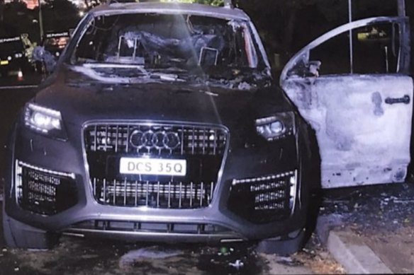 The burnt-out Audi Q7 used in the Barbaro murder plot. 
