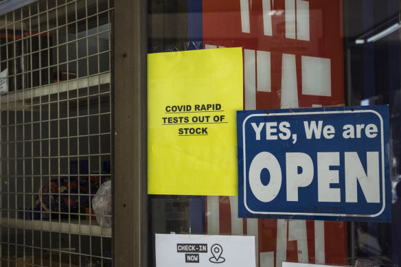 Pharmacies across Melbourne have placed signs on their windows alerting customers to a lack of rapid tests. 