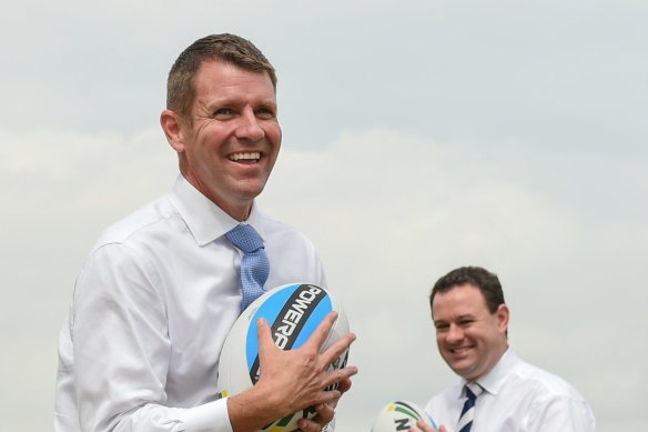 Then NSW premier Mike Baird and Penrith MP Stuart Ayres at Panthers on March 24, 2015, announcing $12 million for the Western Sydney Community and Sports Centre.