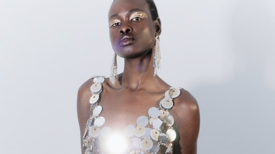 H&M x Rabanne dress, $399.
Rabanne earrings, $645, from Parlour X.