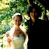 Gabrielle Carey (at left) and Debra Adelaide on Carey’s wedding day in May 2004 – the bride in pastels, bathed in sun, Adelaide literally in the shadows.