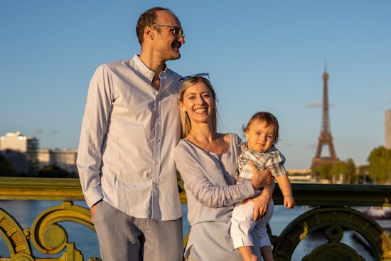 Nicolas Collignon (39), Loretta Genovesi (37) and their son Antony Pierre Santo Collignon (10 months) near their home in the 15th Arrondissement.