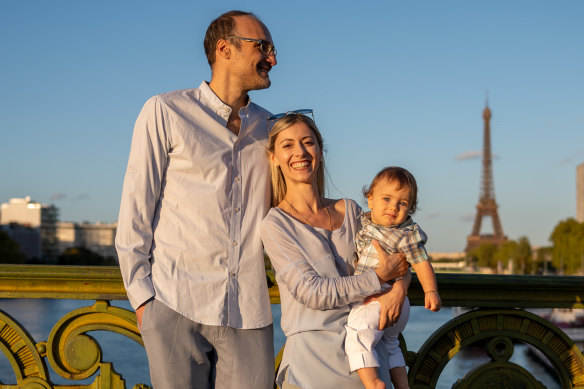 Nicolas Collignon (39), Loretta Genovesi (37) and their son Antony Pierre Santo Collignon (10 months) near their home in the 15th Arrondissement.