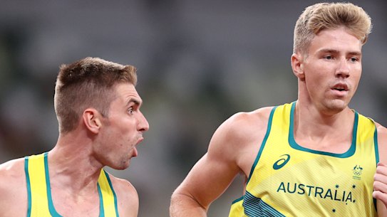Cedric Dubler giving Ash Moloney the encouragement he needed in the last event of the decathlon.