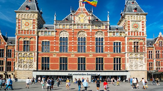 Amsterdam Centraal station’s ornate facade.