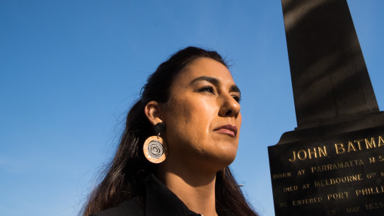 Gunai Kurnai woman Lidia Thorpe next to a monument to the "founder" of Melbourne, John Batman. "We need to start telling the true history of this country and not hide parts of it."