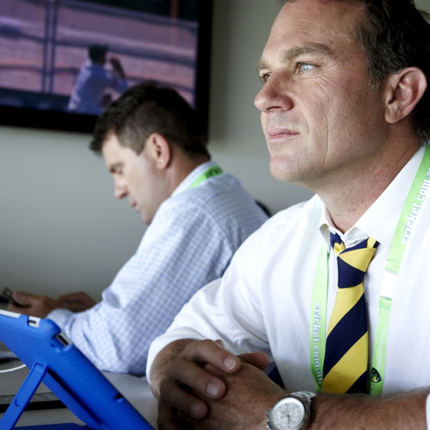 Slater sitting alongside Mark Taylor in the commentary box. Slater was widely regarded as an energetic, insightful commentator, but struggled with alcohol use and accountability.