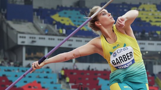 Kelsey-Lee Barber is in medal contention in the women's javelin.