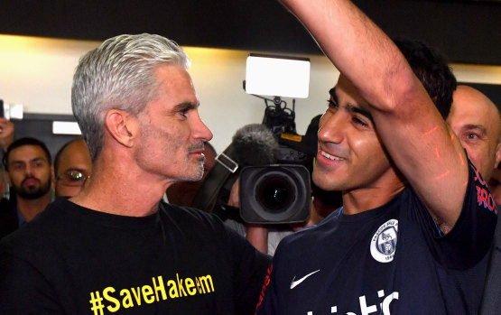 Arriving back in Melbourne after being freed from a Thai prison in 2019, Hakeem al-Araibi with Craig Foster.