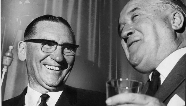 NSW Detective Inspector Ray Kelly, left, with Premier Bob Askin, who was widely implicated in organised crime after his death in 1981.