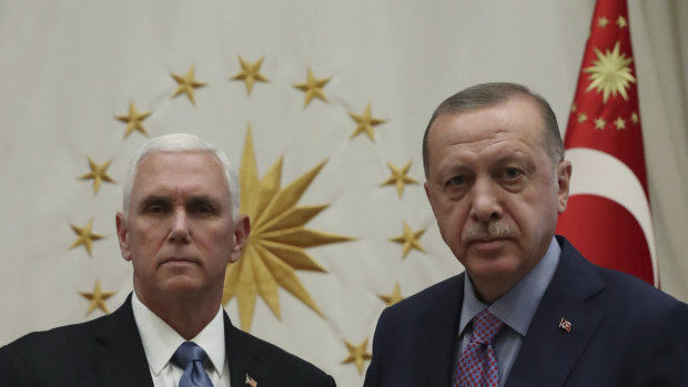 US Vice-President Mike Pence meets with Turkish President Recep Tayyip Erdogan.