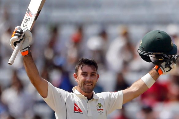 Glenn Maxwell celebrates his only Test century, against India in Ranchi in 2017. 