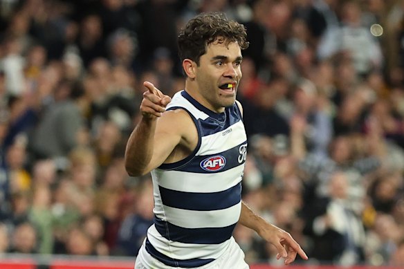 Jack Martin celebrates a goal in the Cats’ win over Hawthorn in the preliminary final.