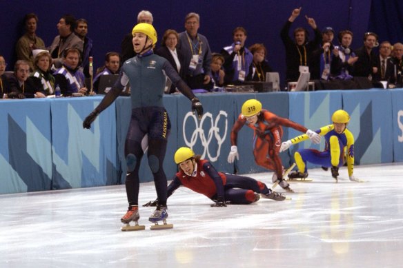 Steven does a Bradbury to win Australia’s first Winter Olympics gold medal.