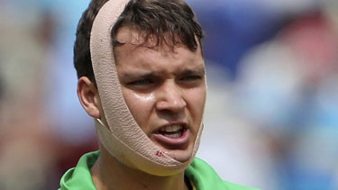 Alex Carey was struck by a bouncer from Jofra Archer.