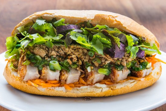 Crispy pork belly banh mi mi at Ca Com.