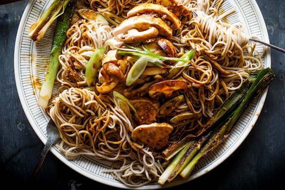 Beer, miso and mirin poached chicken with udon noodles