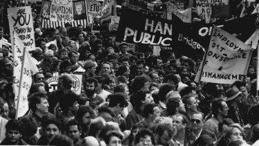 Protesters outside Parliament House on July 25, 1989.