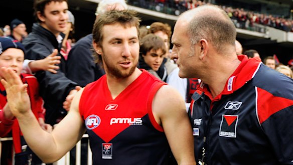 Close relationship: Former Melbourne player Brock McLean with then-coach Dean Bailey in 2008.