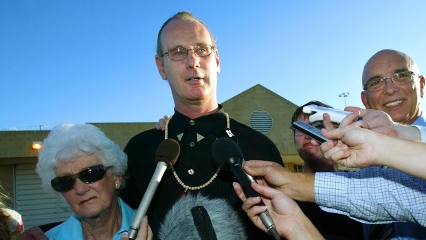 Andrew Mallard after his release from Casuarina prison with his mother Grace Mallard and John Quigley.