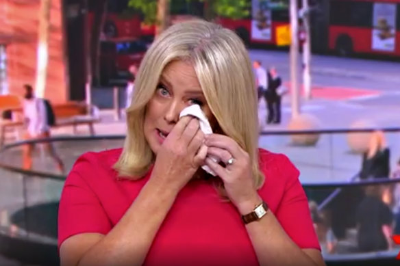 Sunrise co-host Samantha Armytage wipes away tears after announcing she is quitting the top-rating breakfast show. 