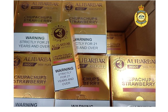 Alibarbar brand vapes seized from a container ship in July 2025.