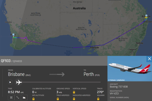 Qantas Flight 933 was flying between Brisbane and Perth on Monday.